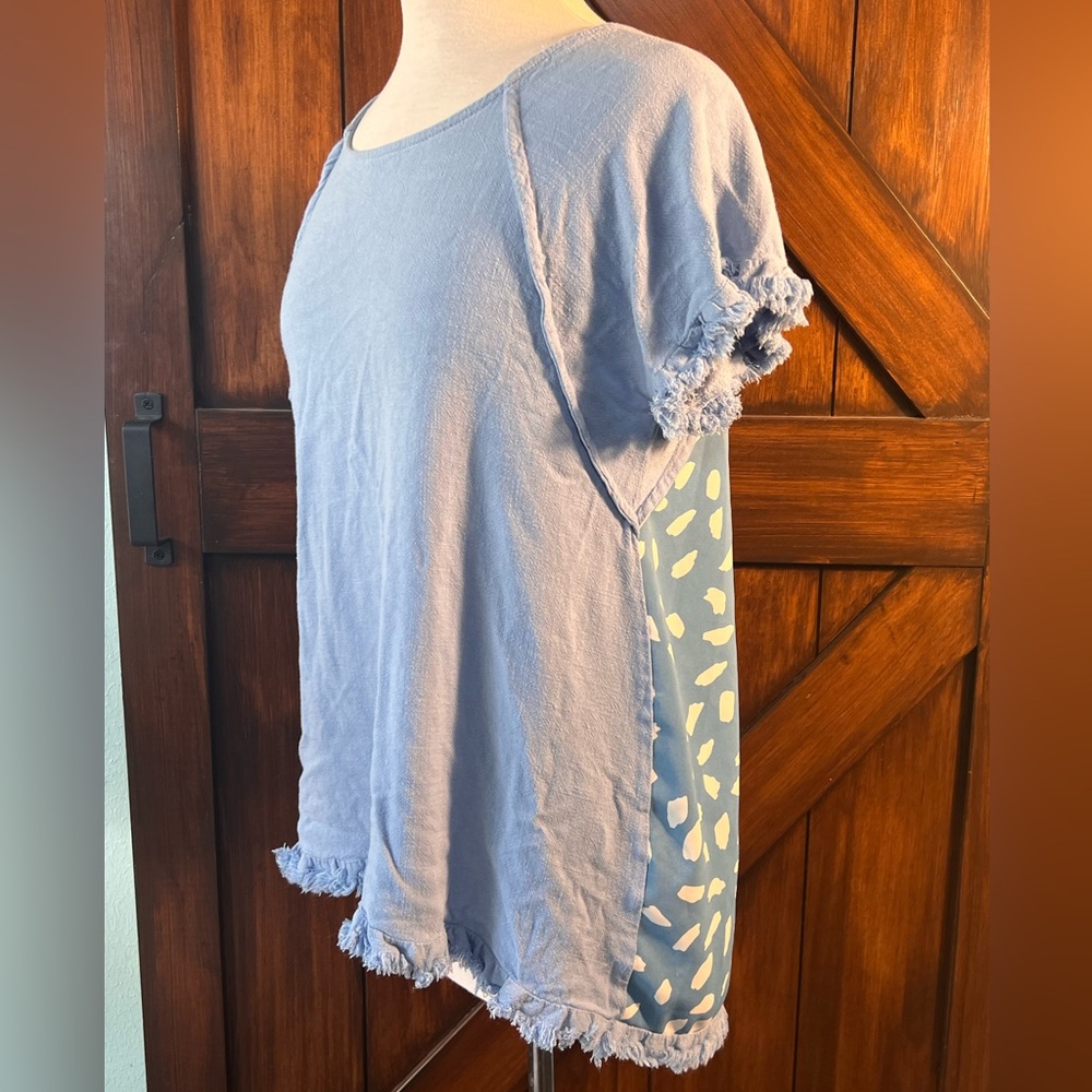 Umgee Light Blue Boho‎ Polka Dot Fringed Short Sleeve Top Women's S